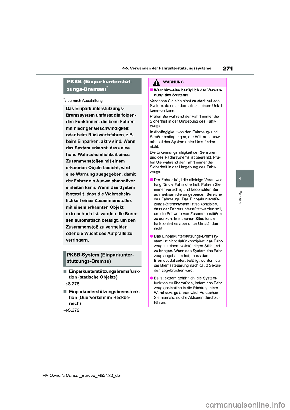 TOYOTA YARIS 2022 Betriebsanleitungen (in German) 271
4
HV Owner's Manual_Europe_M52N32_de
4-5. Verwenden der Fahrunterstützungssysteme
Fahren
*: Je nach Ausstattung
■Einparkunterstützungsbremsfunk-
tion (statische Objekte)
S.276
■Ein TOYOTA YARIS 2022 Betriebsanleitungen (in German) 271
4
HV Owner's Manual_Europe_M52N32_de
4-5. Verwenden der Fahrunterstützungssysteme
Fahren
*: Je nach Ausstattung
■Einparkunterstützungsbremsfunk-
tion (statische Objekte)
S.276
■Ein