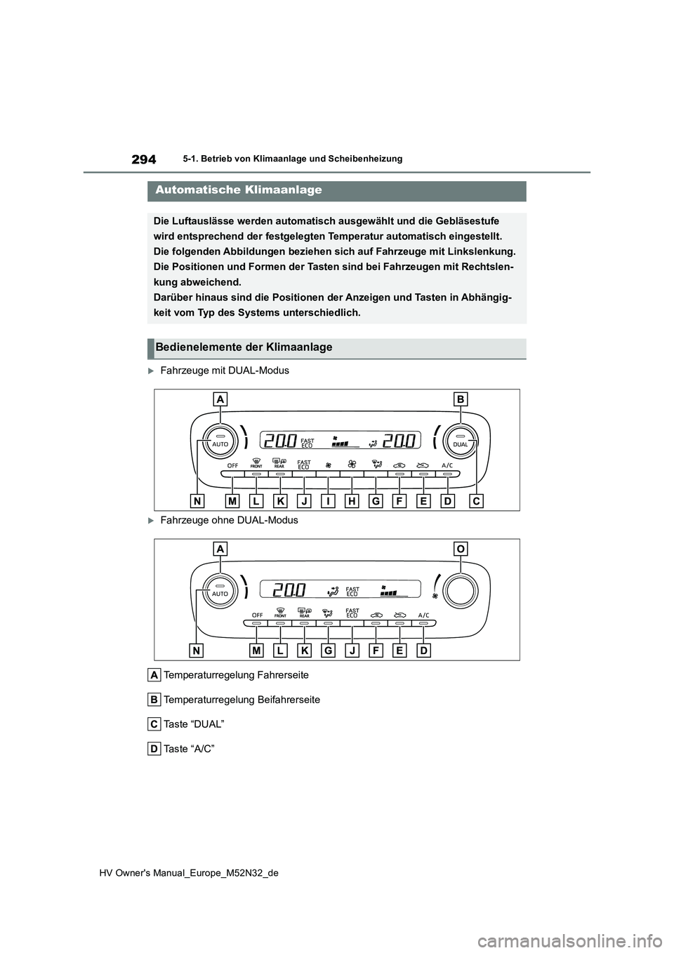 TOYOTA YARIS 2022  Betriebsanleitungen (in German) 294
HV Owner's Manual_Europe_M52N32_de
5-1. Betrieb von Klimaanlage und Scheibenheizung
5-1.Betrieb von Klimaa nla ge und Sch eib enheizu ng
Fahrzeuge mit DUAL-Modus
Fahrzeuge ohne DUAL-Modu