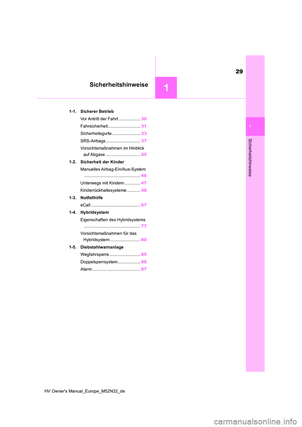 TOYOTA YARIS 2022  Betriebsanleitungen (in German) 1
29
HV Owner's Manual_Europe_M52N32_de
1
Sicherheitshinweise
Sicherheitshinweise
1-1. Sicherer Betrieb 
Vor Antritt der Fahrt .................. 30 
Fahrsicherheit ........................... 31 