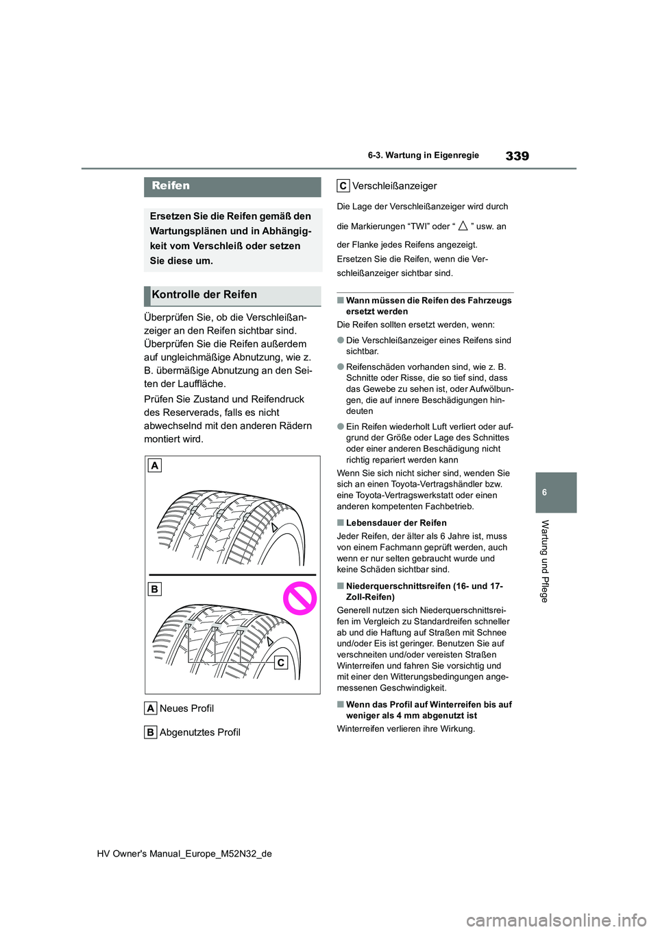 TOYOTA YARIS 2022 Betriebsanleitungen (in German) 339
6
HV Owner's Manual_Europe_M52N32_de
6-3. Wartung in Eigenregie
Wartung und Pflege
Überprüfen Sie, ob die Verschleißan-
zeiger an den Reifen sichtbar sind.
Überprüfen Sie die Reifen au TOYOTA YARIS 2022 Betriebsanleitungen (in German) 339
6
HV Owner's Manual_Europe_M52N32_de
6-3. Wartung in Eigenregie
Wartung und Pflege
Überprüfen Sie, ob die Verschleißan-
zeiger an den Reifen sichtbar sind.
Überprüfen Sie die Reifen au