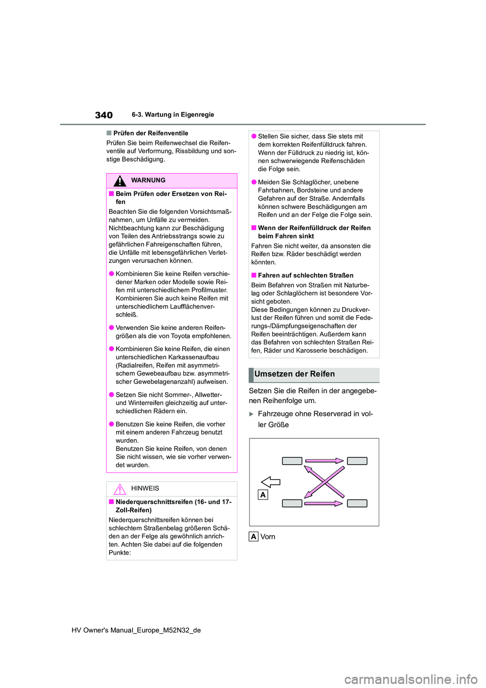 TOYOTA YARIS 2022 Betriebsanleitungen (in German) 340
HV Owner's Manual_Europe_M52N32_de
6-3. Wartung in Eigenregie
■Prüfen der Reifenventile
Prüfen Sie beim Reifenwechsel die Reifen- ventile auf Verformung, Rissbildung und son-stige Beschä TOYOTA YARIS 2022 Betriebsanleitungen (in German) 340
HV Owner's Manual_Europe_M52N32_de
6-3. Wartung in Eigenregie
■Prüfen der Reifenventile
Prüfen Sie beim Reifenwechsel die Reifen- ventile auf Verformung, Rissbildung und son-stige Beschä