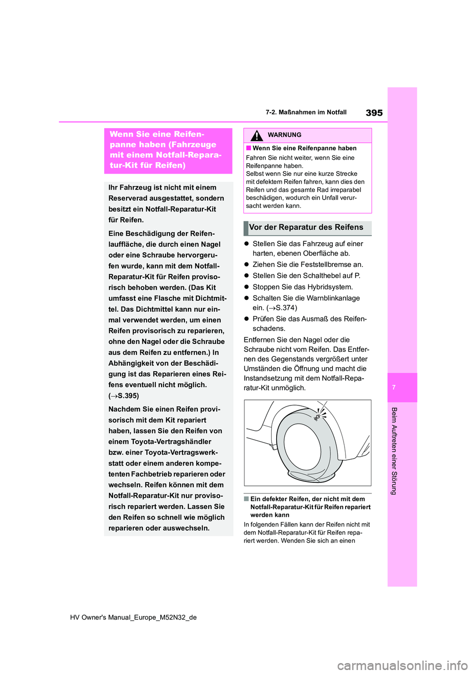 TOYOTA YARIS 2022 Betriebsanleitungen (in German) 395
7
HV Owner's Manual_Europe_M52N32_de
7-2. Maßnahmen im Notfall
Beim Auftreten einer Störung
Stellen Sie das Fahrzeug auf einer
harten, ebenen Oberfläche ab.
Ziehen Sie die Festste TOYOTA YARIS 2022 Betriebsanleitungen (in German) 395
7
HV Owner's Manual_Europe_M52N32_de
7-2. Maßnahmen im Notfall
Beim Auftreten einer Störung
Stellen Sie das Fahrzeug auf einer
harten, ebenen Oberfläche ab.
Ziehen Sie die Festste