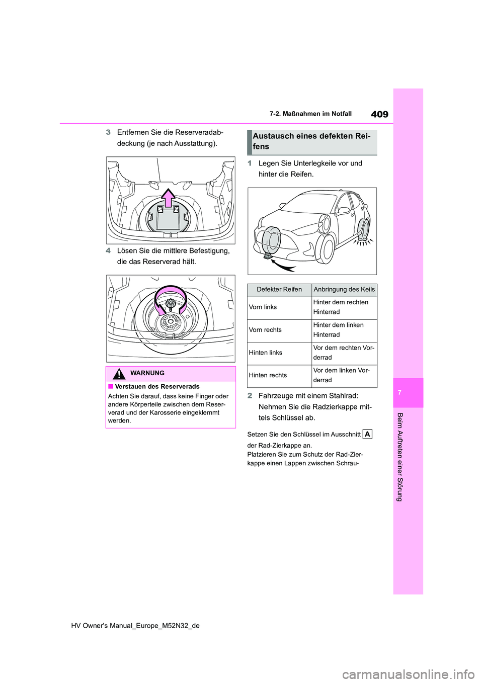 TOYOTA YARIS 2022  Betriebsanleitungen (in German) 409
7
HV Owner's Manual_Europe_M52N32_de
7-2. Maßnahmen im Notfall
Beim Auftreten einer Störung
3Entfernen Sie die Reserveradab- 
deckung (je nach Ausstattung). 
4 Lösen Sie die mittlere Befest