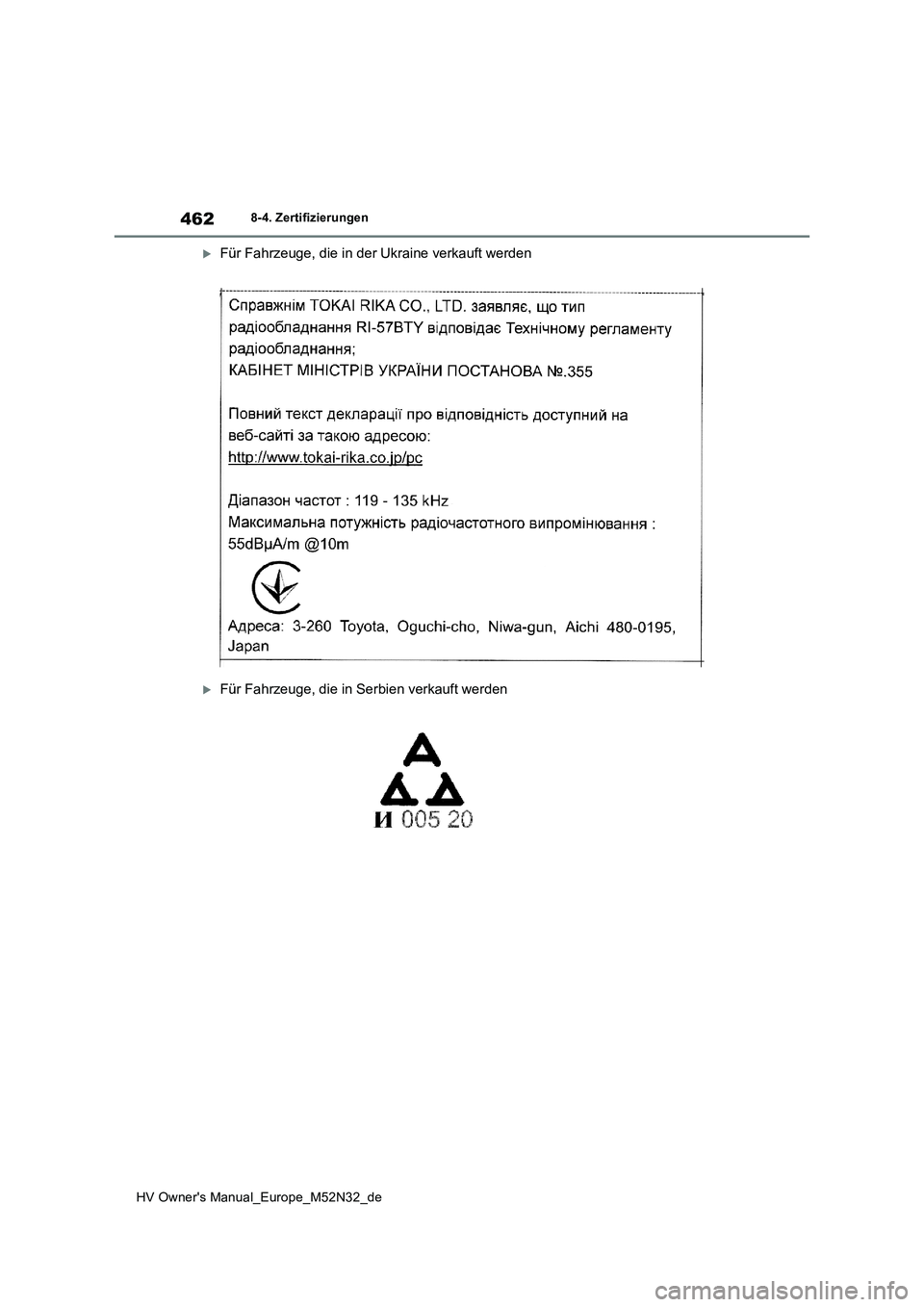 TOYOTA YARIS 2022  Betriebsanleitungen (in German) 462
HV Owner's Manual_Europe_M52N32_de
8-4. Zertifizierungen
Für Fahrzeuge, die in der Ukraine verkauft werden
Für Fahrzeuge, die in Serbien verkauft werden 