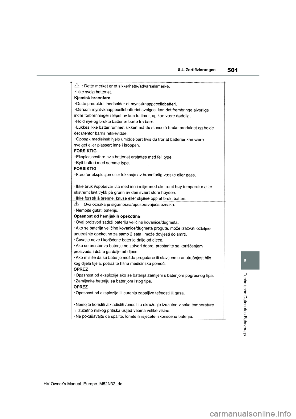 TOYOTA YARIS 2022  Betriebsanleitungen (in German) 501
8
HV Owner's Manual_Europe_M52N32_de
8-4. Zertifizierungen
Technische Daten des Fahrzeugs 