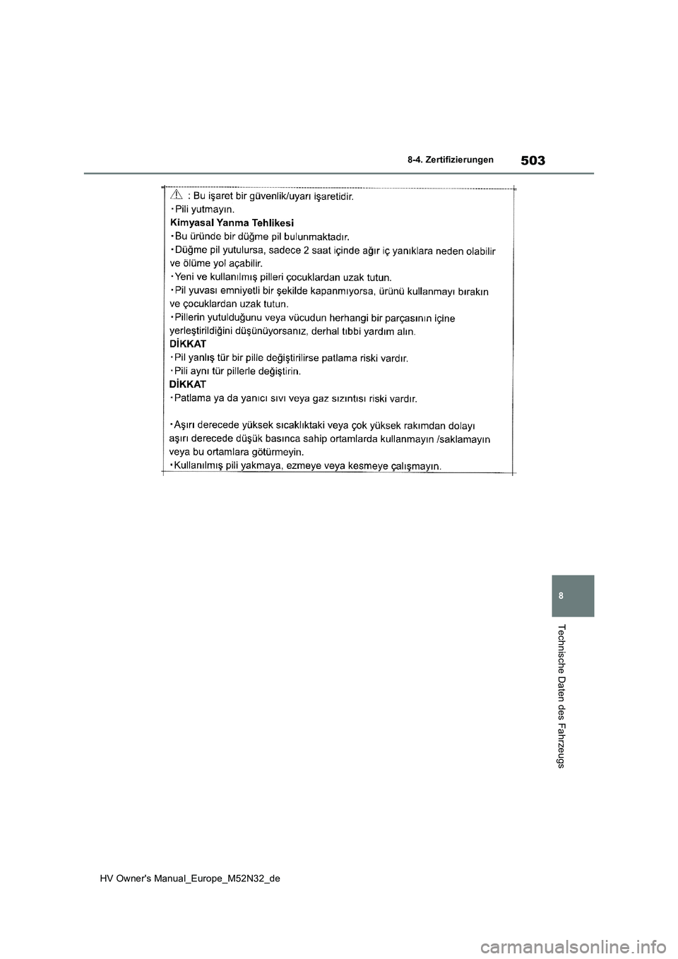 TOYOTA YARIS 2022  Betriebsanleitungen (in German) 503
8
HV Owner's Manual_Europe_M52N32_de
8-4. Zertifizierungen
Technische Daten des Fahrzeugs 