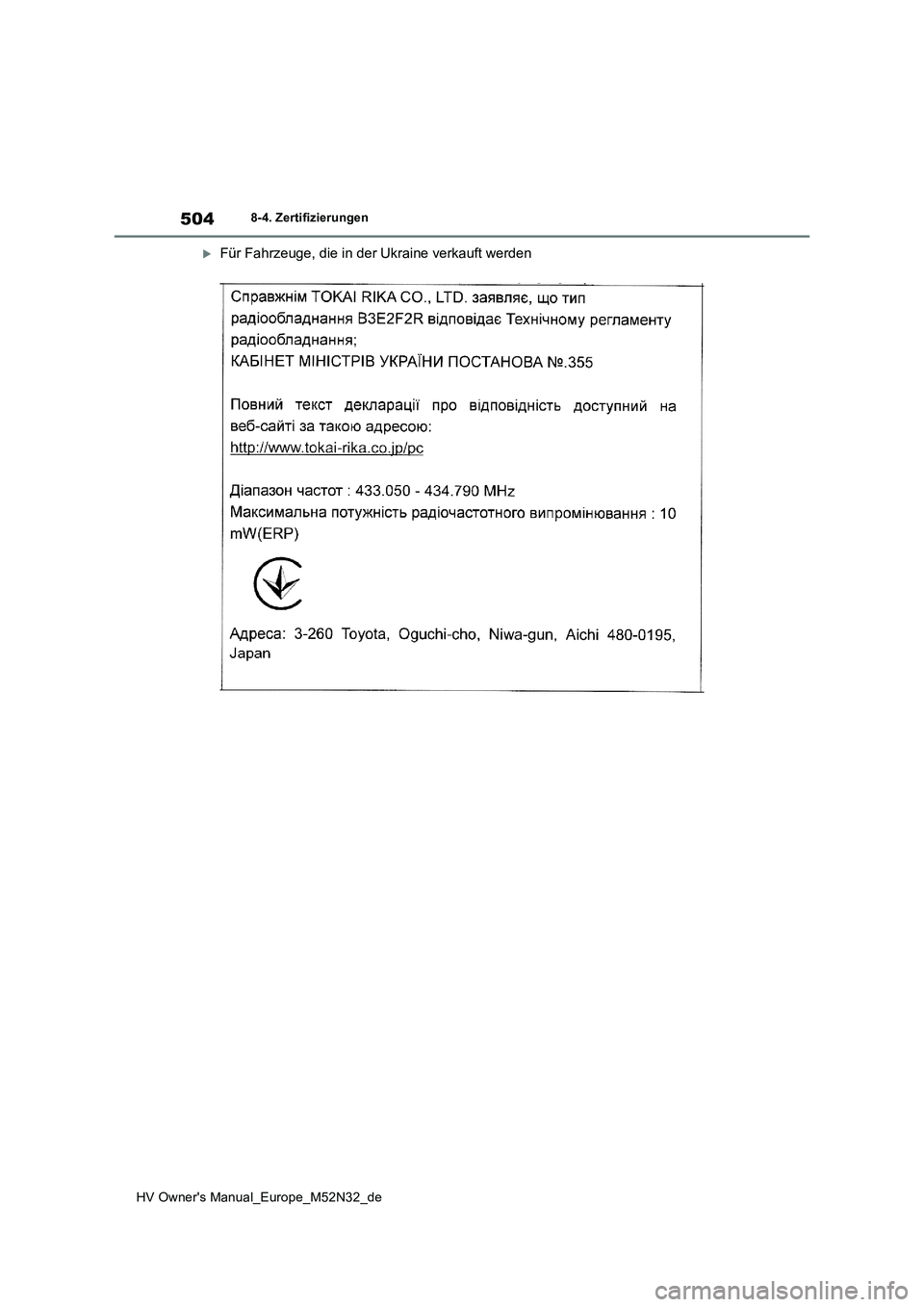 TOYOTA YARIS 2022  Betriebsanleitungen (in German) 504
HV Owner's Manual_Europe_M52N32_de
8-4. Zertifizierungen
Für Fahrzeuge, die in der Ukraine verkauft werden 