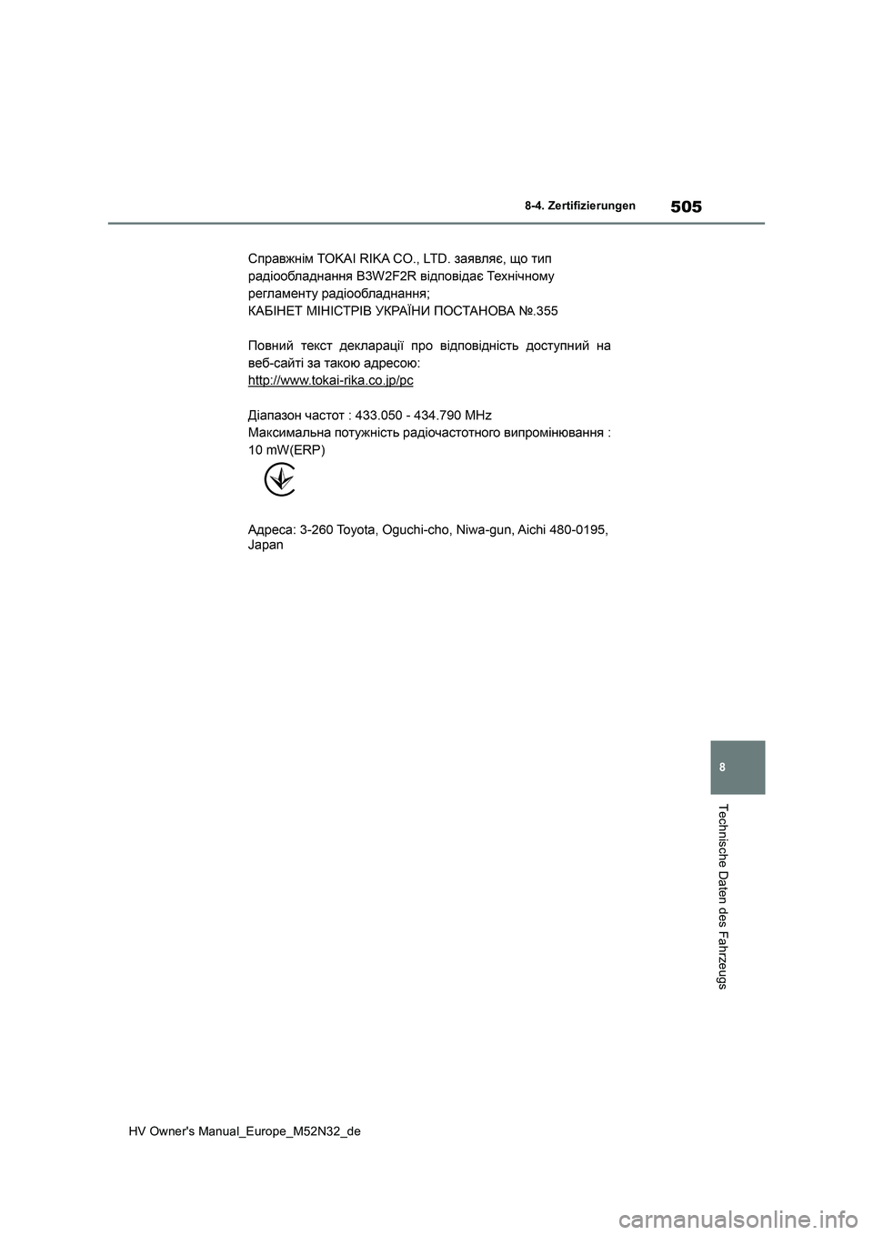 TOYOTA YARIS 2022  Betriebsanleitungen (in German) 505
8
HV Owner's Manual_Europe_M52N32_de
8-4. Zertifizierungen
Technische Daten des Fahrzeugs 