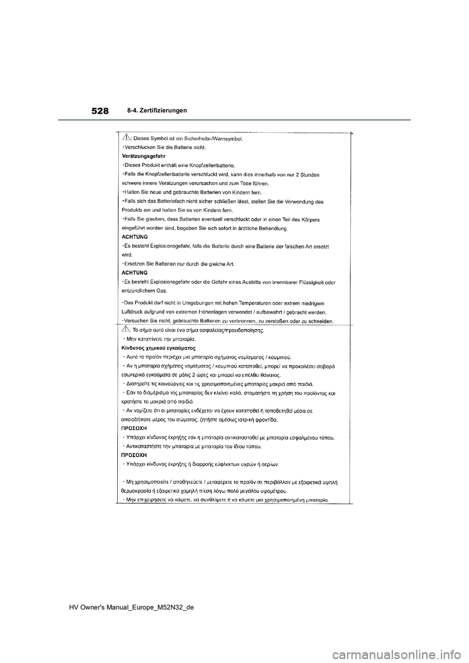 TOYOTA YARIS 2022  Betriebsanleitungen (in German) 528
HV Owner's Manual_Europe_M52N32_de
8-4. Zertifizierungen 