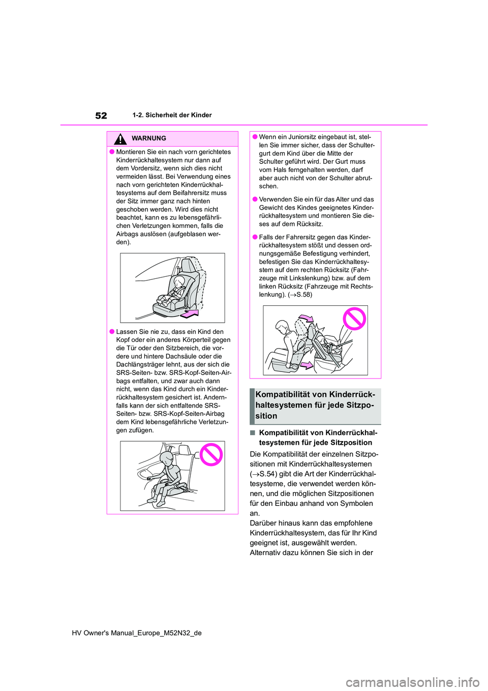 TOYOTA YARIS 2022 Betriebsanleitungen (in German) 52
HV Owner's Manual_Europe_M52N32_de
1-2. Sicherheit der Kinder
■Kompatibilität von Kinderrückhal-
tesystemen für jede Sitzposition
Die Kompatibilität der einzelnen Sitzpo-
sitionen mit TOYOTA YARIS 2022 Betriebsanleitungen (in German) 52
HV Owner's Manual_Europe_M52N32_de
1-2. Sicherheit der Kinder
■Kompatibilität von Kinderrückhal-
tesystemen für jede Sitzposition
Die Kompatibilität der einzelnen Sitzpo-
sitionen mit