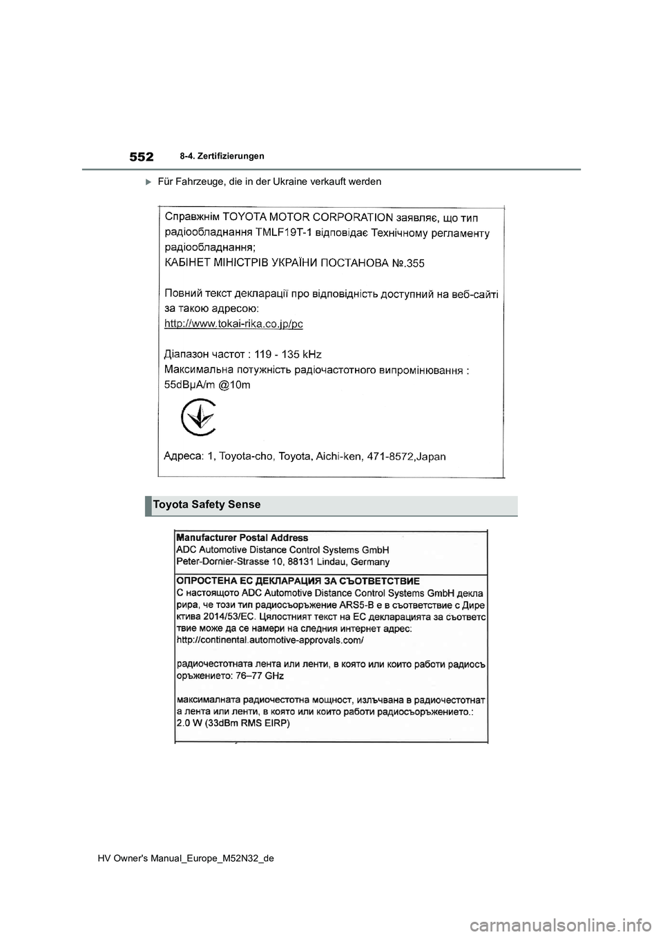 TOYOTA YARIS 2022  Betriebsanleitungen (in German) 552
HV Owner's Manual_Europe_M52N32_de
8-4. Zertifizierungen
Für Fahrzeuge, die in der Ukraine verkauft werden
Toyota Safety Sense 