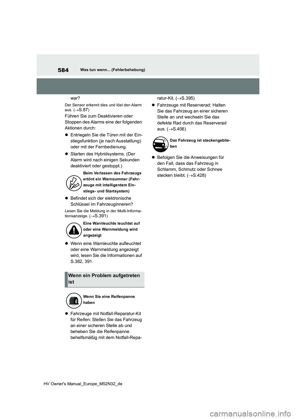 TOYOTA YARIS 2022 Betriebsanleitungen (in German) 584
HV Owner's Manual_Europe_M52N32_de
Was tun wenn... (Fehlerbehebung)
war?
Der Sensor erkennt dies und löst den Alarm aus. ( S.87)
Führen Sie zum Deaktivieren oder
Stoppen des Alarms ein TOYOTA YARIS 2022 Betriebsanleitungen (in German) 584
HV Owner's Manual_Europe_M52N32_de
Was tun wenn... (Fehlerbehebung)
war?
Der Sensor erkennt dies und löst den Alarm aus. ( S.87)
Führen Sie zum Deaktivieren oder
Stoppen des Alarms ein