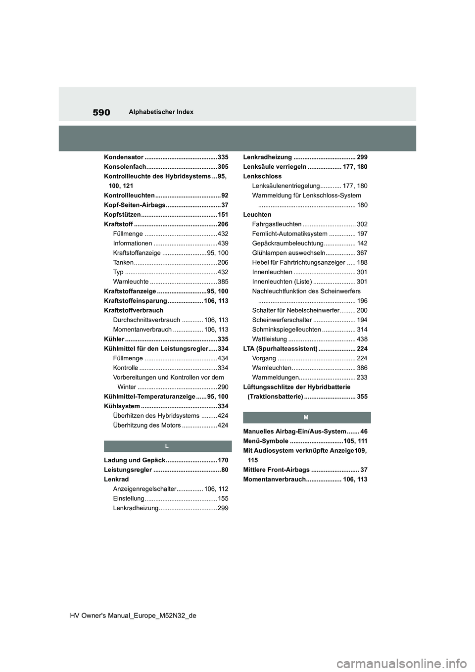 TOYOTA YARIS 2022 Betriebsanleitungen (in German) 590
HV Owner's Manual_Europe_M52N32_de
Alphabetischer Index
Kondensator ......................................... 335
Konsolenfach........................................ 305
Kontrollleuchte des TOYOTA YARIS 2022 Betriebsanleitungen (in German) 590
HV Owner's Manual_Europe_M52N32_de
Alphabetischer Index
Kondensator ......................................... 335
Konsolenfach........................................ 305
Kontrollleuchte des