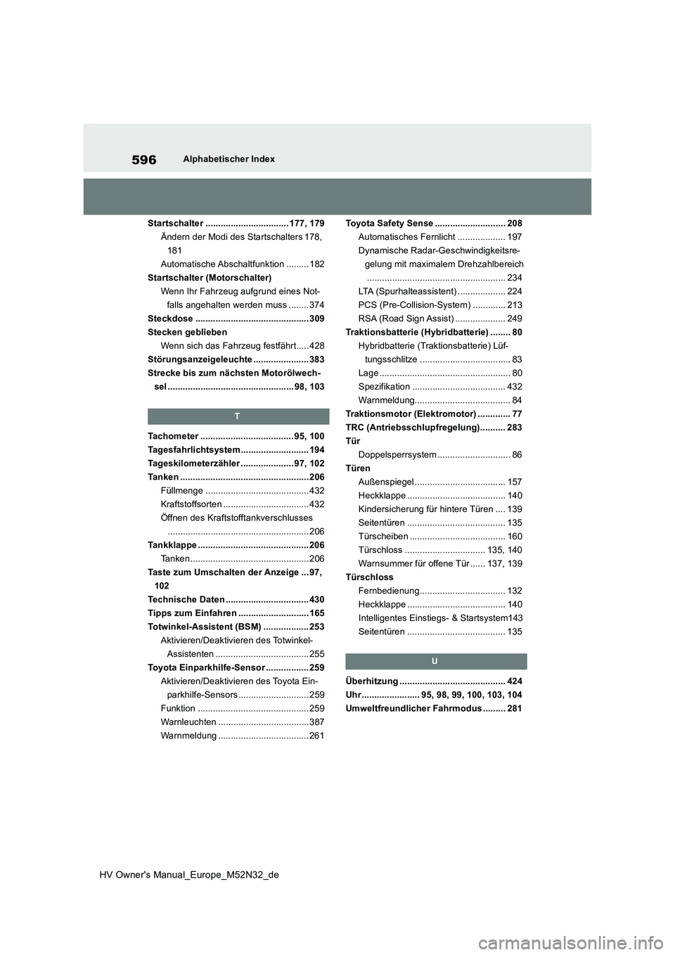 TOYOTA YARIS 2022 Betriebsanleitungen (in German) 596
HV Owner's Manual_Europe_M52N32_de
Alphabetischer Index
Startschalter ................................. 177, 179
Ändern der Modi des Startschalters 178,
181
Automatische Abschaltfunktion . TOYOTA YARIS 2022 Betriebsanleitungen (in German) 596
HV Owner's Manual_Europe_M52N32_de
Alphabetischer Index
Startschalter ................................. 177, 179
Ändern der Modi des Startschalters 178,
181
Automatische Abschaltfunktion .