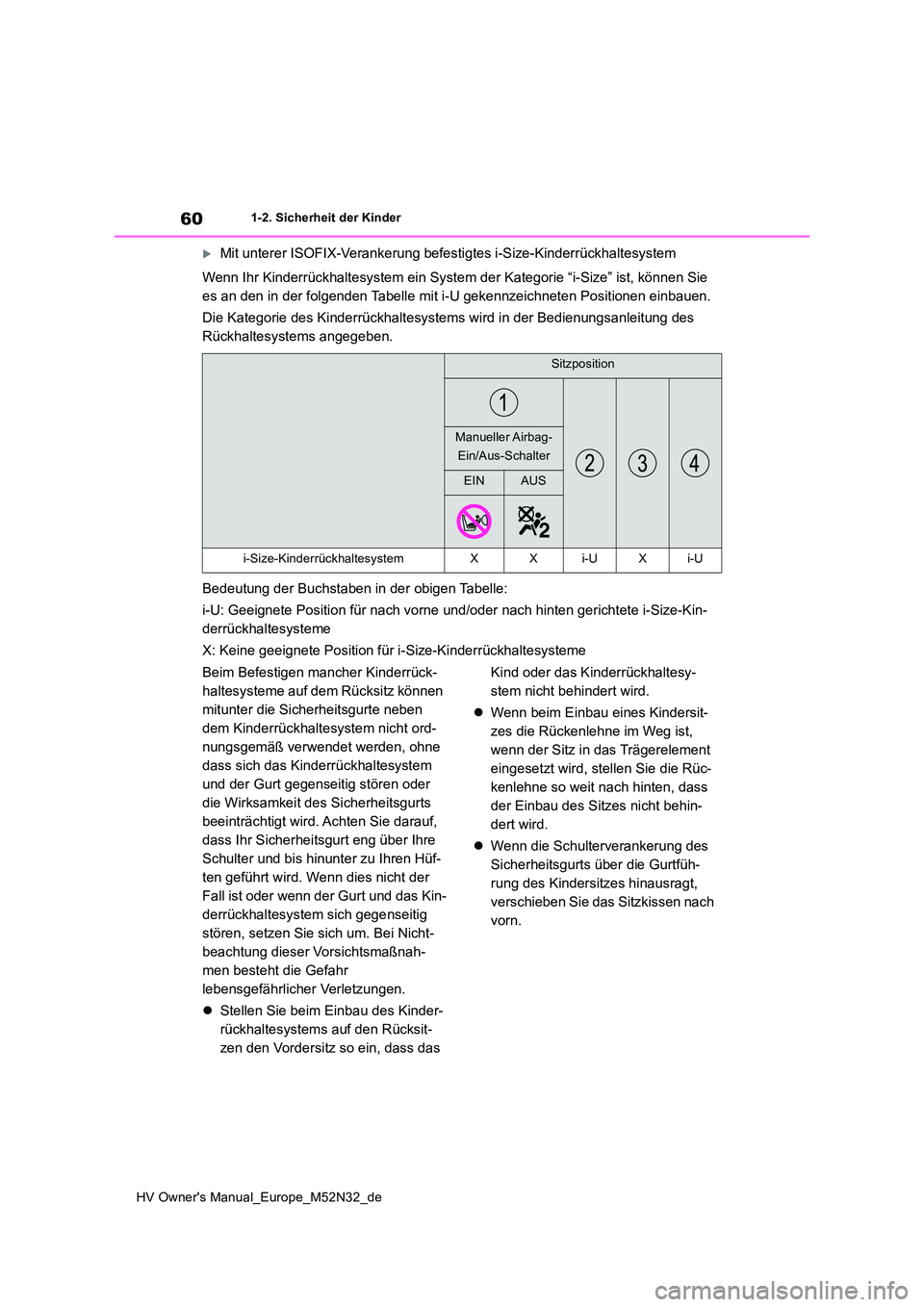 TOYOTA YARIS 2022 Betriebsanleitungen (in German) 60
HV Owner's Manual_Europe_M52N32_de
1-2. Sicherheit der Kinder
Mit unterer ISOFIX-Verankerung befestigtes i-Size-Kinderrückhaltesystem
Wenn Ihr Kinderrückhaltesystem ein System der Kategor TOYOTA YARIS 2022 Betriebsanleitungen (in German) 60
HV Owner's Manual_Europe_M52N32_de
1-2. Sicherheit der Kinder
Mit unterer ISOFIX-Verankerung befestigtes i-Size-Kinderrückhaltesystem
Wenn Ihr Kinderrückhaltesystem ein System der Kategor