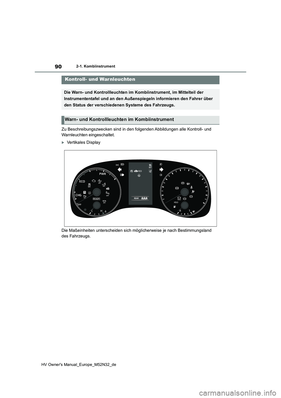 TOYOTA YARIS 2022  Betriebsanleitungen (in German) 90
HV Owner's Manual_Europe_M52N32_de
2-1. Kombiinstrument
2-1.Kombiins trument
Zu Beschreibungszwecken sind in den folgenden Abbildungen alle Kontroll- und  
Warnleuchten eingeschaltet.
Vertik