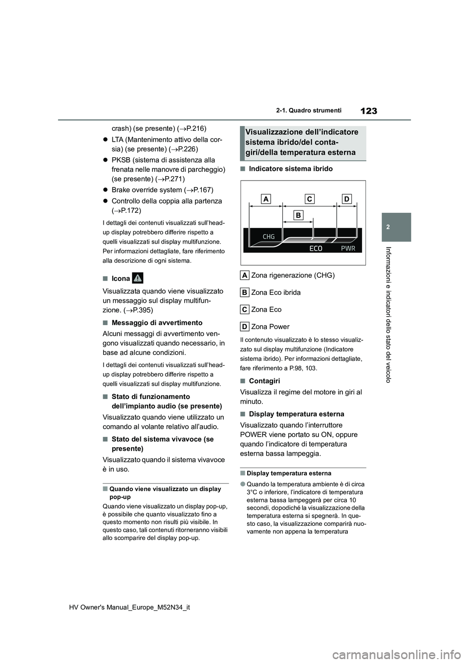TOYOTA YARIS 2022 Manuale duso (in Italian) 123
2
HV Owner's Manual_Europe_M52N34_it
2-1. Quadro strumenti
Informazioni e indicatori dello stato del veicolo
crash) (se presente) (P.216)
LTA (Mantenimento attivo della cor-
sia) (se TOYOTA YARIS 2022 Manuale duso (in Italian) 123
2
HV Owner's Manual_Europe_M52N34_it
2-1. Quadro strumenti
Informazioni e indicatori dello stato del veicolo
crash) (se presente) (P.216)
LTA (Mantenimento attivo della cor-
sia) (se