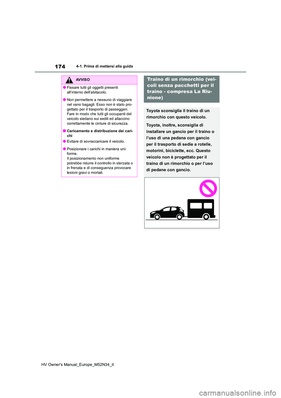 TOYOTA YARIS 2022 Manuale duso (in Italian) 174
HV Owner's Manual_Europe_M52N34_it
4-1. Prima di mettersi alla guida
AVVISO
●Fissare tutti gli oggetti presenti
all’interno dell’abitacolo.
●Non permettere a nessuno di viaggiare ne TOYOTA YARIS 2022 Manuale duso (in Italian) 174
HV Owner's Manual_Europe_M52N34_it
4-1. Prima di mettersi alla guida
AVVISO
●Fissare tutti gli oggetti presenti
all’interno dell’abitacolo.
●Non permettere a nessuno di viaggiare ne