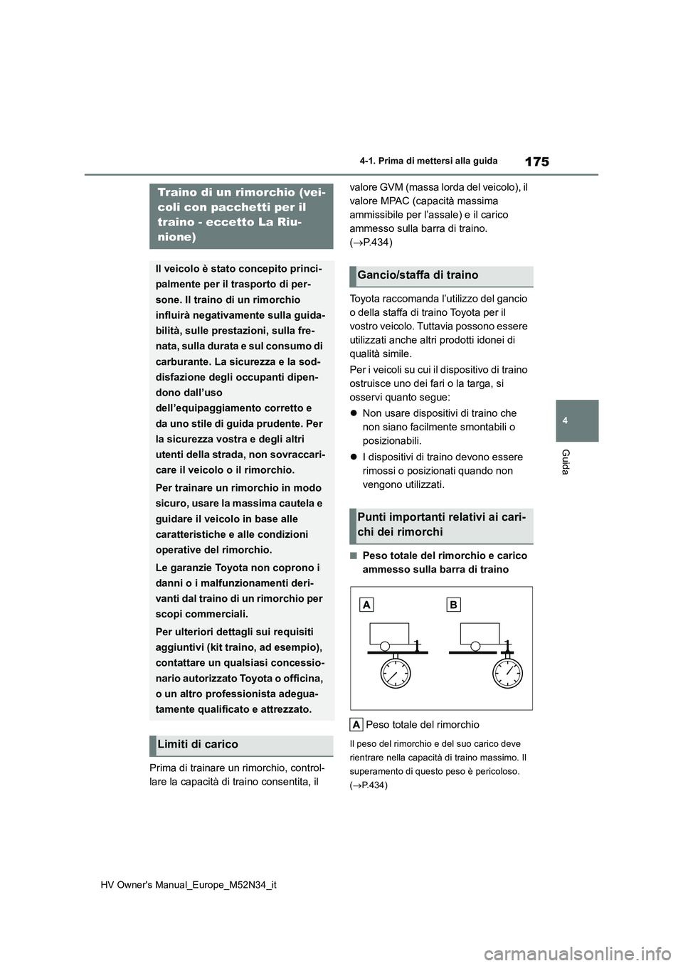 TOYOTA YARIS 2022 Manuale duso (in Italian) 175
4
HV Owner's Manual_Europe_M52N34_it
4-1. Prima di mettersi alla guida
Guida
Prima di trainare un rimorchio, control-
lare la capacità di traino consentita, il
valore GVM (massa lorda del TOYOTA YARIS 2022 Manuale duso (in Italian) 175
4
HV Owner's Manual_Europe_M52N34_it
4-1. Prima di mettersi alla guida
Guida
Prima di trainare un rimorchio, control-
lare la capacità di traino consentita, il
valore GVM (massa lorda del