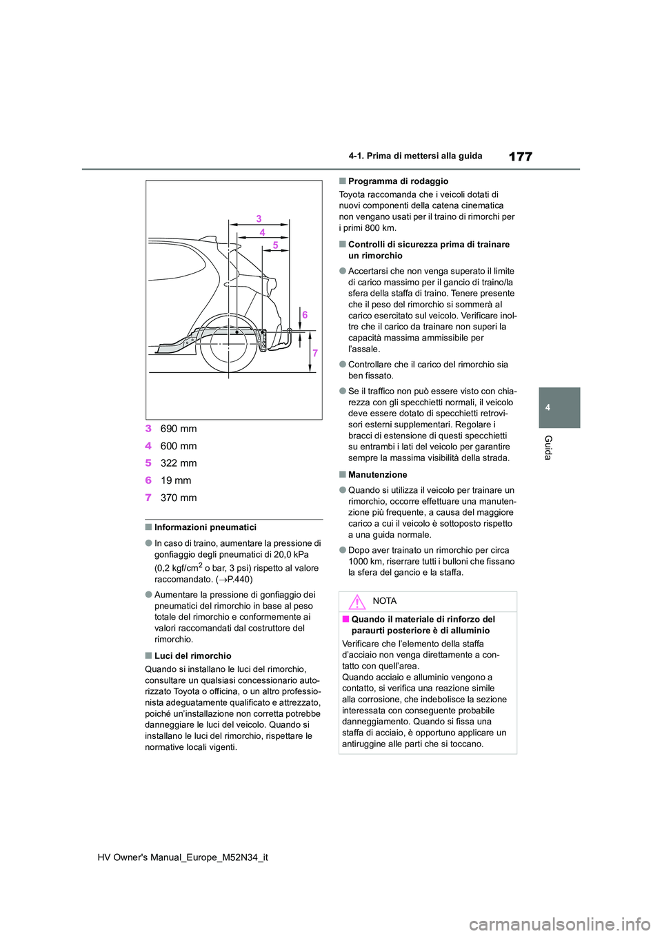 TOYOTA YARIS 2022 Manuale duso (in Italian) 177
4
HV Owner's Manual_Europe_M52N34_it
4-1. Prima di mettersi alla guida
Guida3690 mm
4 600 mm
5 322 mm
6 19 mm
7 370 mm
■Informazioni pneumatici
●In caso di traino, aumentare la pressio TOYOTA YARIS 2022 Manuale duso (in Italian) 177
4
HV Owner's Manual_Europe_M52N34_it
4-1. Prima di mettersi alla guida
Guida3690 mm
4 600 mm
5 322 mm
6 19 mm
7 370 mm
■Informazioni pneumatici
●In caso di traino, aumentare la pressio