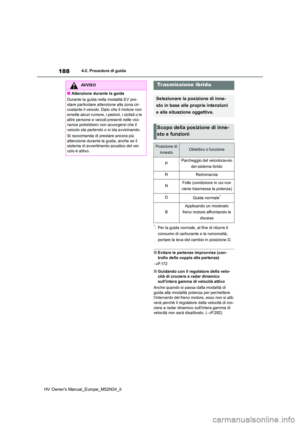 TOYOTA YARIS 2022  Manuale duso (in Italian) 188
HV Owner's Manual_Europe_M52N34_it
4-2. Procedure di guida
*: Per la guida normale, al fine di ridurre il  
consumo di carburante e la rumorosità, 
portare la leva del cambio in posizione D.
