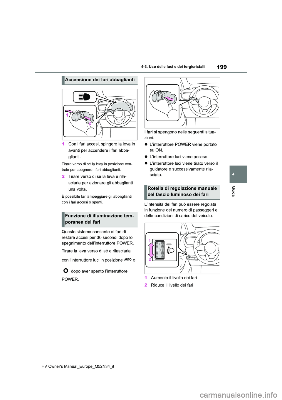 TOYOTA YARIS 2022  Manuale duso (in Italian) 199
4
HV Owner's Manual_Europe_M52N34_it
4-3. Uso delle luci e dei tergicristalli
Guida
1Con i fari accesi, spingere la leva in  
avanti per accendere i fari abba- 
glianti.
Tirare verso di sé la