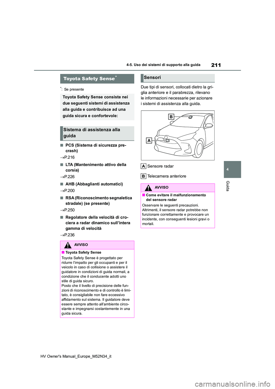 TOYOTA YARIS 2022 Manuale duso (in Italian) 211
4
HV Owner's Manual_Europe_M52N34_it
4-5. Uso dei sistemi di supporto alla guida
Guida
4-5.Uso dei sis te mi di su pporto alla gu ida
*: Se presente
■PCS (Sistema di sicurezza pre-
crash) TOYOTA YARIS 2022 Manuale duso (in Italian) 211
4
HV Owner's Manual_Europe_M52N34_it
4-5. Uso dei sistemi di supporto alla guida
Guida
4-5.Uso dei sis te mi di su pporto alla gu ida
*: Se presente
■PCS (Sistema di sicurezza pre-
crash)