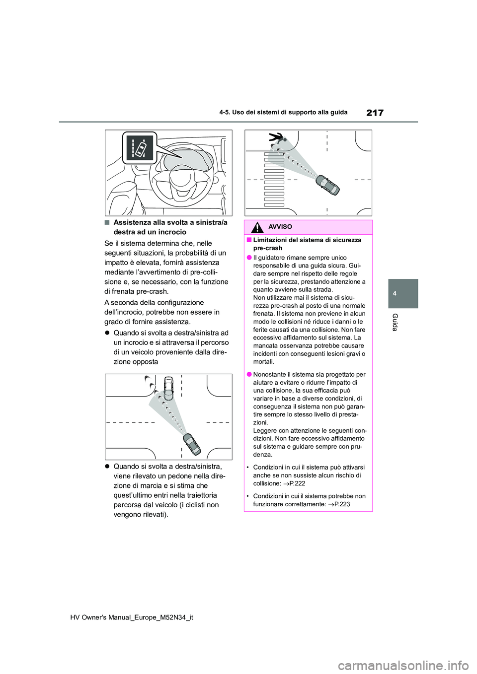 TOYOTA YARIS 2022  Manuale duso (in Italian) 217
4
HV Owner's Manual_Europe_M52N34_it
4-5. Uso dei sistemi di supporto alla guida
Guida
■Assistenza alla svolta a sinistra/a  
destra ad un incrocio 
Se il sistema determina che, nelle  
segu