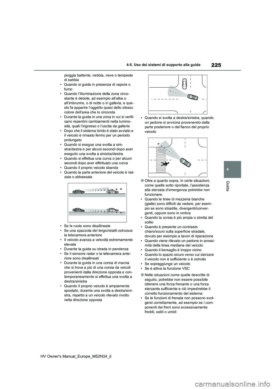 TOYOTA YARIS 2022 Manuale duso (in Italian) 225
4
HV Owner's Manual_Europe_M52N34_it
4-5. Uso dei sistemi di supporto alla guida
Guida
pioggia battente, nebbia, neve o tempeste di sabbia• Quando si guida in presenza di vapore o
fumo TOYOTA YARIS 2022 Manuale duso (in Italian) 225
4
HV Owner's Manual_Europe_M52N34_it
4-5. Uso dei sistemi di supporto alla guida
Guida
pioggia battente, nebbia, neve o tempeste di sabbia• Quando si guida in presenza di vapore o
fumo