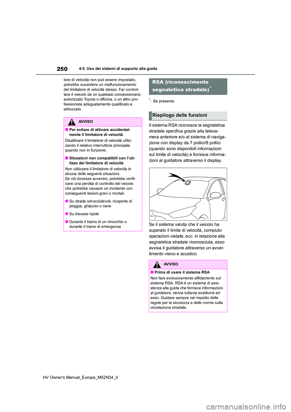 TOYOTA YARIS 2022 Manuale duso (in Italian) 250
HV Owner's Manual_Europe_M52N34_it
4-5. Uso dei sistemi di supporto alla guida
tore di velocità non può essere impostato, potrebbe sussistere un malfunzionamento del limitatore di velocit TOYOTA YARIS 2022 Manuale duso (in Italian) 250
HV Owner's Manual_Europe_M52N34_it
4-5. Uso dei sistemi di supporto alla guida
tore di velocità non può essere impostato, potrebbe sussistere un malfunzionamento del limitatore di velocit