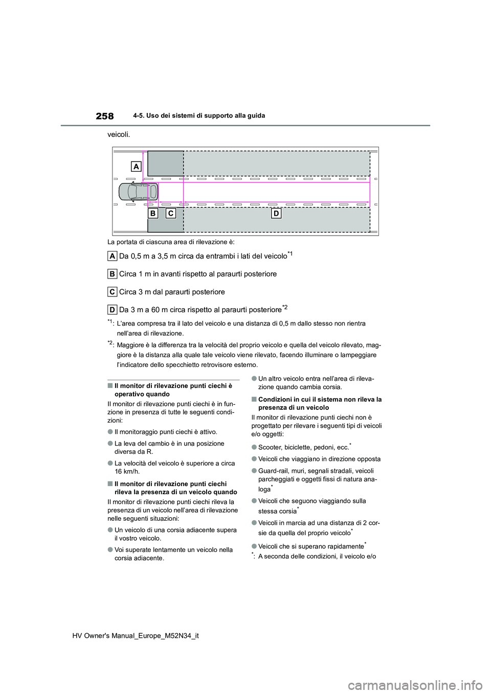 TOYOTA YARIS 2022  Manuale duso (in Italian) 258
HV Owner's Manual_Europe_M52N34_it
4-5. Uso dei sistemi di supporto alla guida
veicoli.
La portata di ciascuna area di rilevazione è:
Da 0,5 m a 3,5 m circa da entrambi i lati del veicolo*1
C