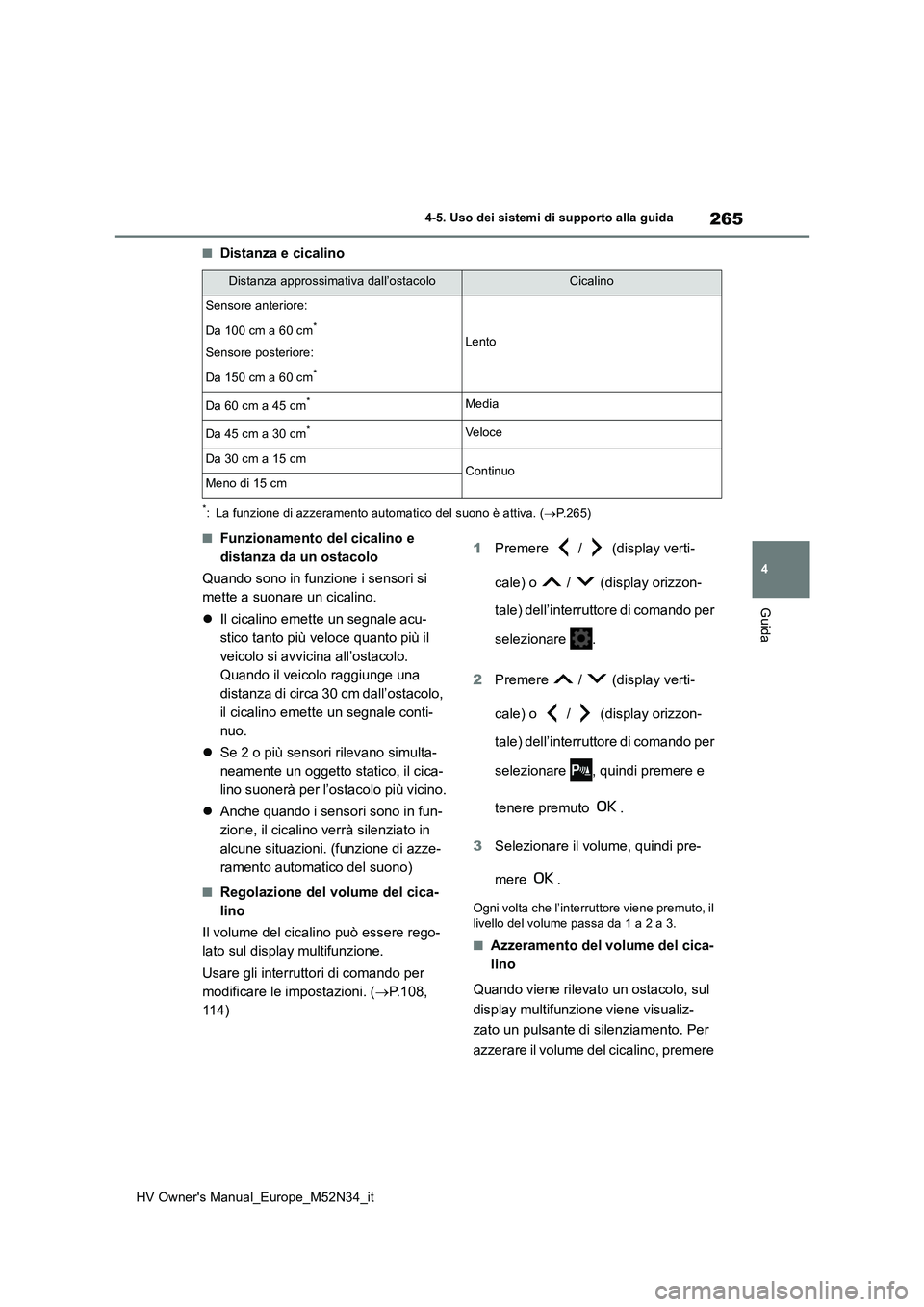 TOYOTA YARIS 2022 Manuale duso (in Italian) 265
4
HV Owner's Manual_Europe_M52N34_it
4-5. Uso dei sistemi di supporto alla guida
Guida
■Distanza e cicalino
*: La funzione di azzeramento automatico del suono è attiva. (P.265)
■Funzio TOYOTA YARIS 2022 Manuale duso (in Italian) 265
4
HV Owner's Manual_Europe_M52N34_it
4-5. Uso dei sistemi di supporto alla guida
Guida
■Distanza e cicalino
*: La funzione di azzeramento automatico del suono è attiva. (P.265)
■Funzio