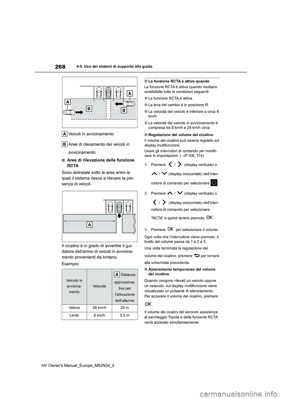 TOYOTA YARIS 2022 Manuale duso (in Italian) 268
HV Owner's Manual_Europe_M52N34_it
4-5. Uso dei sistemi di supporto alla guida
Veicoli in avvicinamento
Aree di rilevamento dei veicoli in
avvicinamento
■Aree di rilevazione della funzion TOYOTA YARIS 2022 Manuale duso (in Italian) 268
HV Owner's Manual_Europe_M52N34_it
4-5. Uso dei sistemi di supporto alla guida
Veicoli in avvicinamento
Aree di rilevamento dei veicoli in
avvicinamento
■Aree di rilevazione della funzion