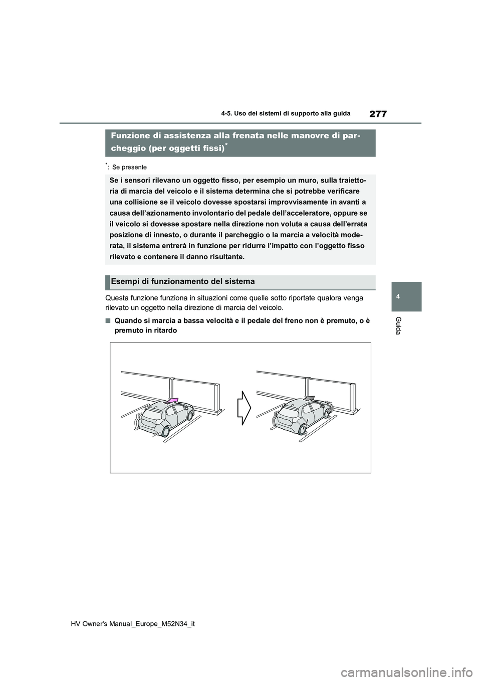 TOYOTA YARIS 2022  Manuale duso (in Italian) 277
4
HV Owner's Manual_Europe_M52N34_it
4-5. Uso dei sistemi di supporto alla guida
Guida
*: Se presente
Questa funzione funziona in situazioni come quelle sotto riportate qualora venga  
rilevat