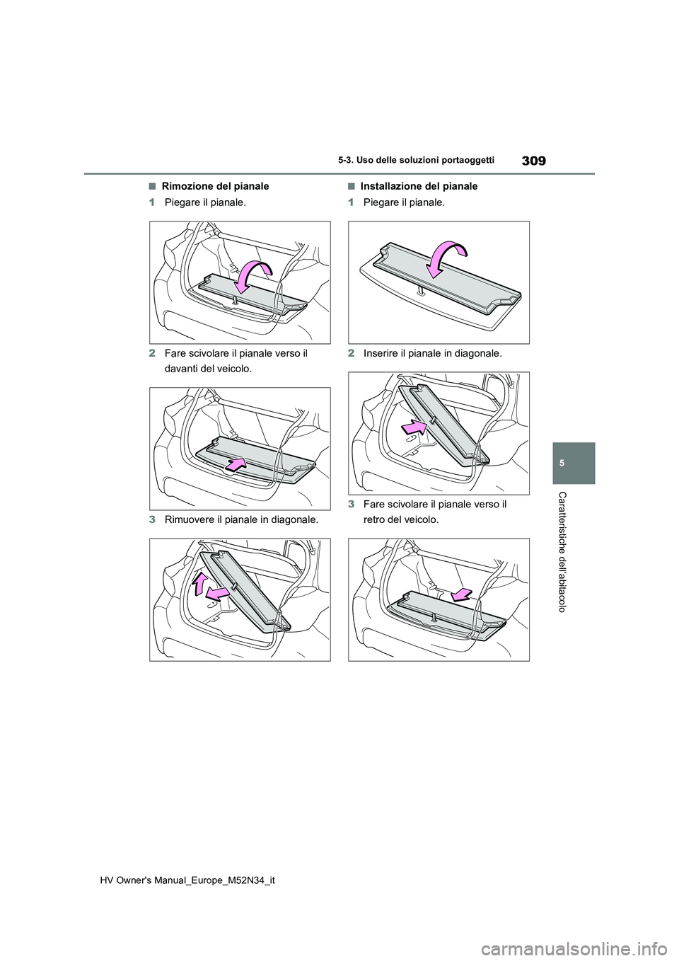 TOYOTA YARIS 2022  Manuale duso (in Italian) 309
5
HV Owner's Manual_Europe_M52N34_it
5-3. Uso delle soluzioni portaoggetti
Caratteristiche dell’abitacolo
■Rimozione del pianale 
1 Piegare il pianale. 
2 Fare scivolare il pianale verso i