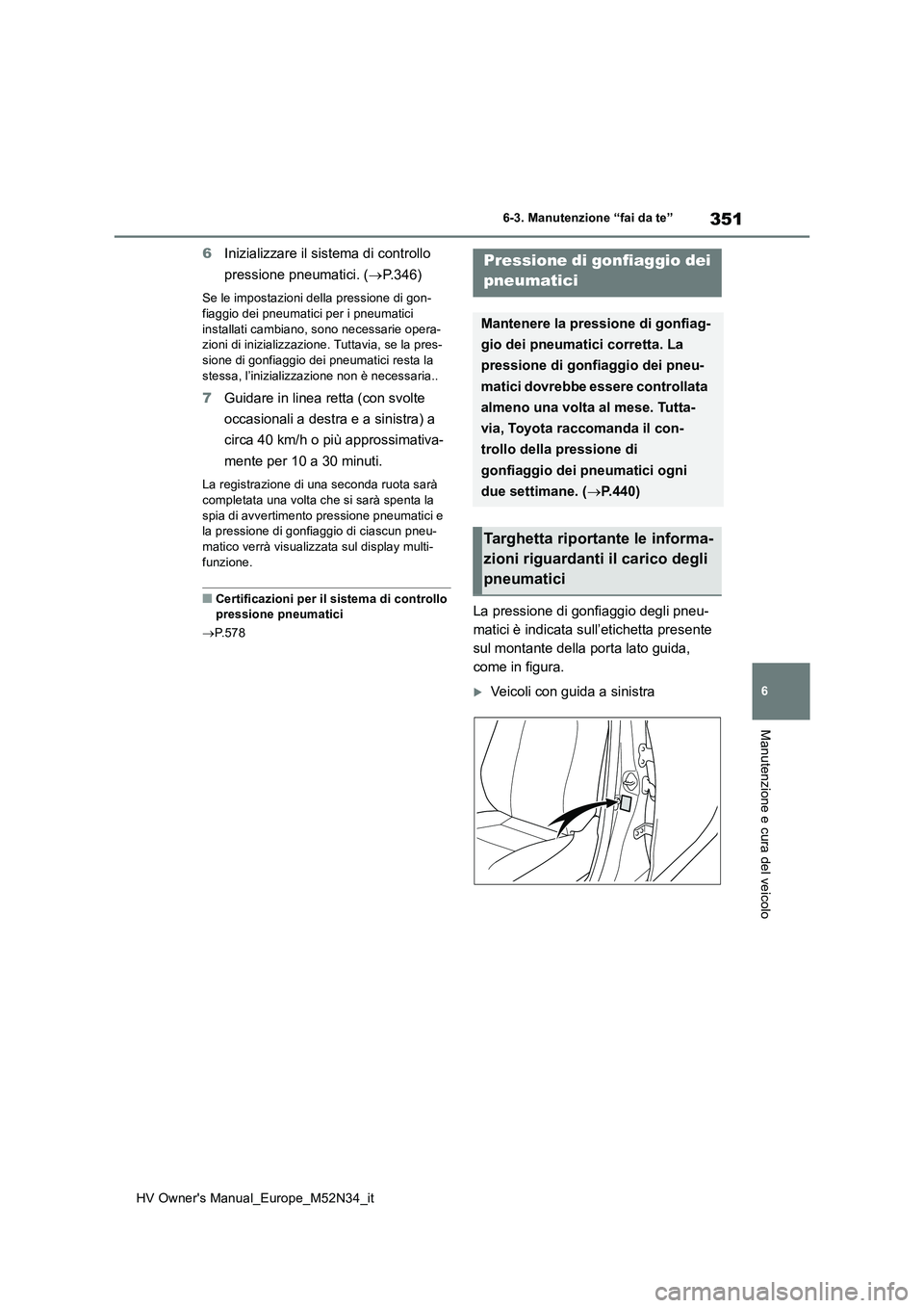 TOYOTA YARIS 2022  Manuale duso (in Italian) 351
6
HV Owner's Manual_Europe_M52N34_it
6-3. Manutenzione “fai da te”
Manutenzione e cura del veicolo
6Inizializzare il sistema di controllo  
pressione pneumatici. ( P.346)
Se le impostaz