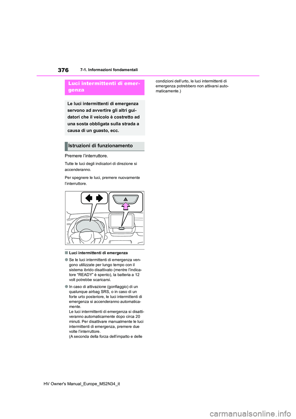 TOYOTA YARIS 2022 Manuale duso (in Italian) 376
HV Owner's Manual_Europe_M52N34_it
7-1. Informazioni fondamentali
7-1.In formazioni fond amentali
Premere l’interruttore.
Tutte le luci degli indicatori di direzione si
accenderanno.
Per TOYOTA YARIS 2022 Manuale duso (in Italian) 376
HV Owner's Manual_Europe_M52N34_it
7-1. Informazioni fondamentali
7-1.In formazioni fond amentali
Premere l’interruttore.
Tutte le luci degli indicatori di direzione si
accenderanno.
Per