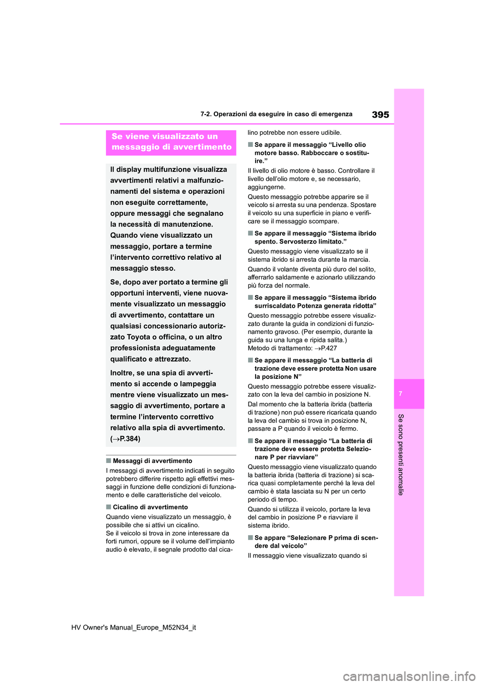 TOYOTA YARIS 2022  Manuale duso (in Italian) 395
7
HV Owner's Manual_Europe_M52N34_it
7-2. Operazioni da eseguire in caso di emergenza
Se sono presenti anomalie
■Messaggi di avvertimento 
I messaggi di avvertimento indicati in seguito  
po
