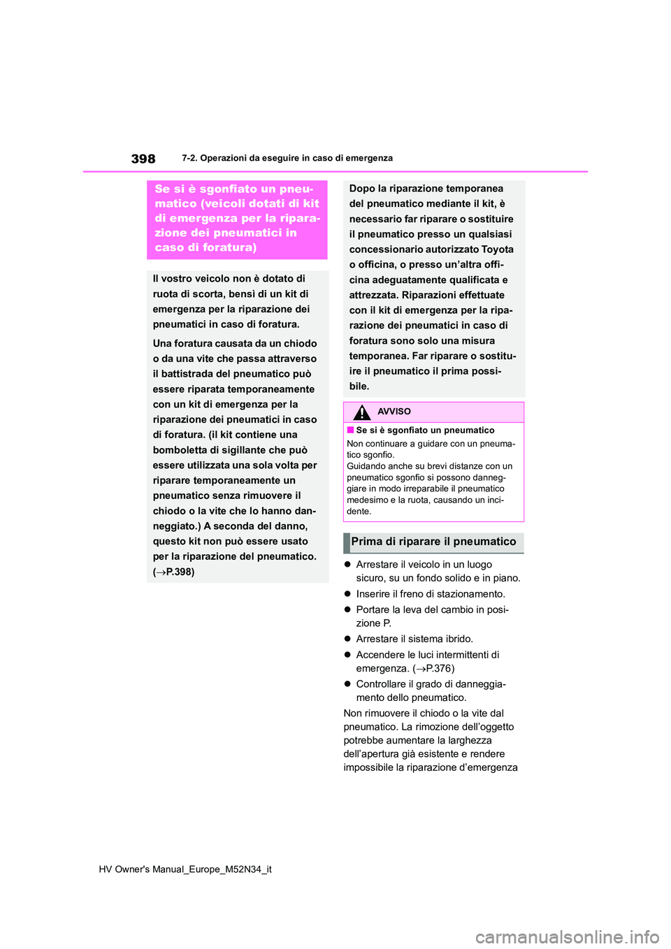 TOYOTA YARIS 2022  Manuale duso (in Italian) 398
HV Owner's Manual_Europe_M52N34_it
7-2. Operazioni da eseguire in caso di emergenza
Arrestare il veicolo in un luogo  
sicuro, su un fondo solido e in piano. 
 Inserire il freno di stazi