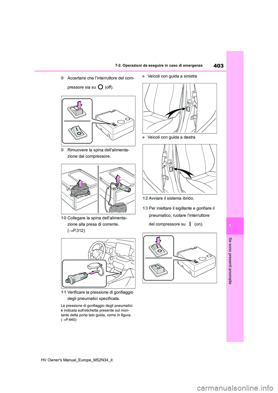 TOYOTA YARIS 2022  Manuale duso (in Italian) 403
7
HV Owner's Manual_Europe_M52N34_it
7-2. Operazioni da eseguire in caso di emergenza
Se sono presenti anomalie
8Accertarsi che l’interruttore del com- 
pressore sia su   (off). 
9 Rimuovere