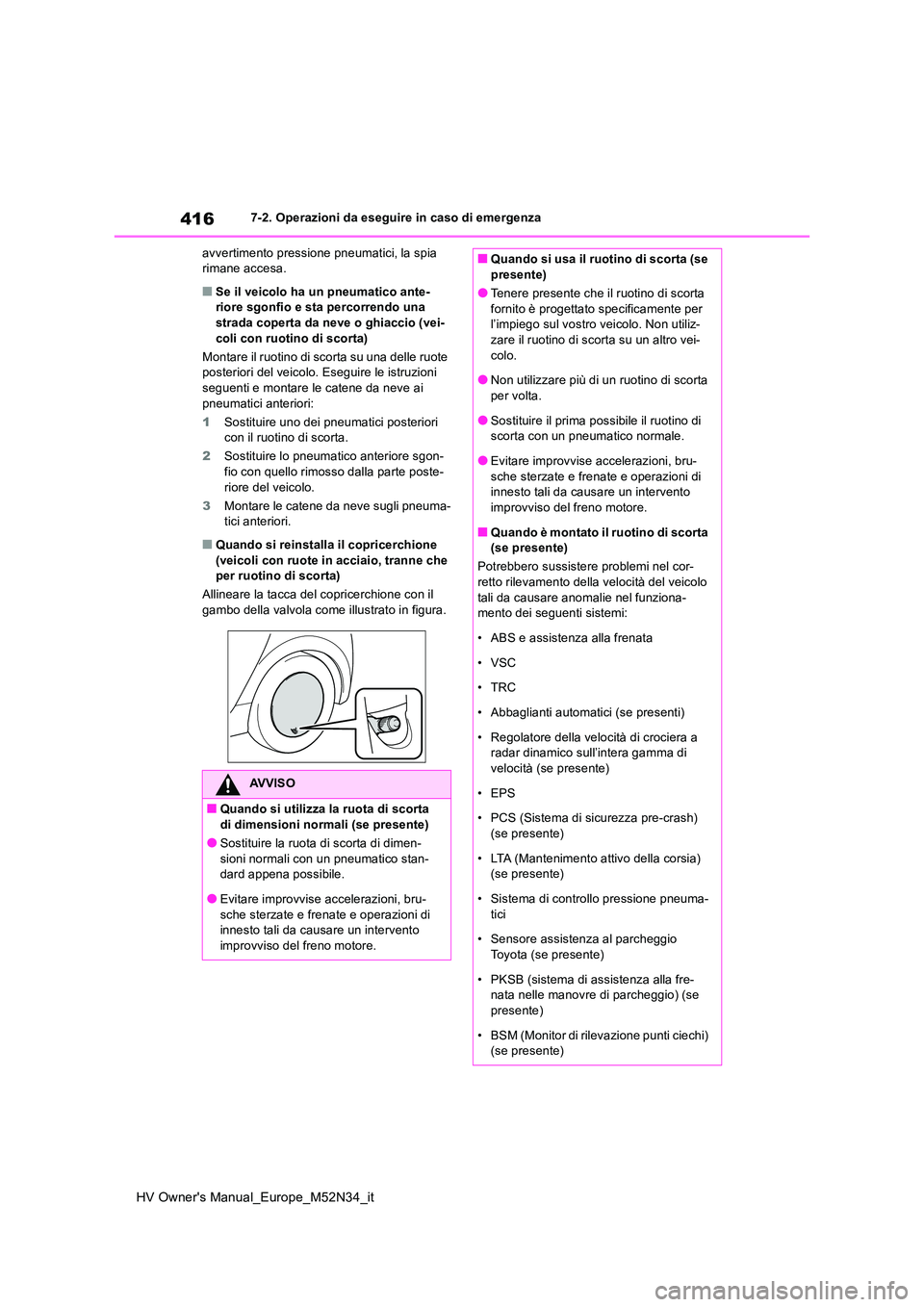 TOYOTA YARIS 2022  Manuale duso (in Italian) 416
HV Owner's Manual_Europe_M52N34_it
7-2. Operazioni da eseguire in caso di emergenza 
avvertimento pressione pneumatici, la spia  rimane accesa.
■Se il veicolo ha un pneumatico ante-riore sgo