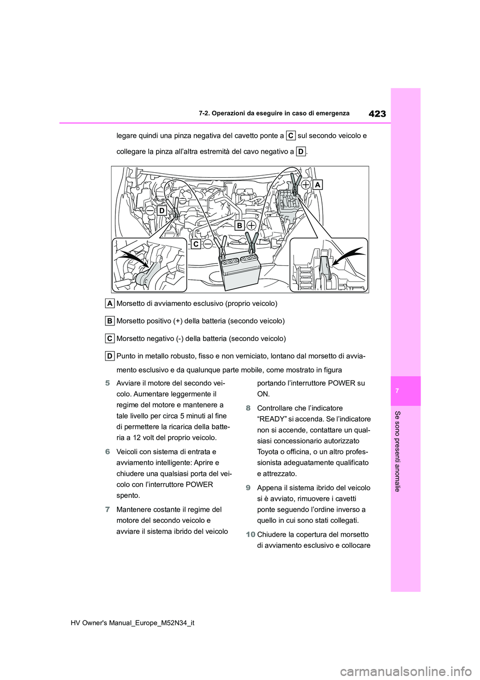 TOYOTA YARIS 2022  Manuale duso (in Italian) 423
7
HV Owner's Manual_Europe_M52N34_it
7-2. Operazioni da eseguire in caso di emergenza
Se sono presenti anomalie
legare quindi una pinza negativa del cavetto ponte a   sul secondo veicolo e  
c