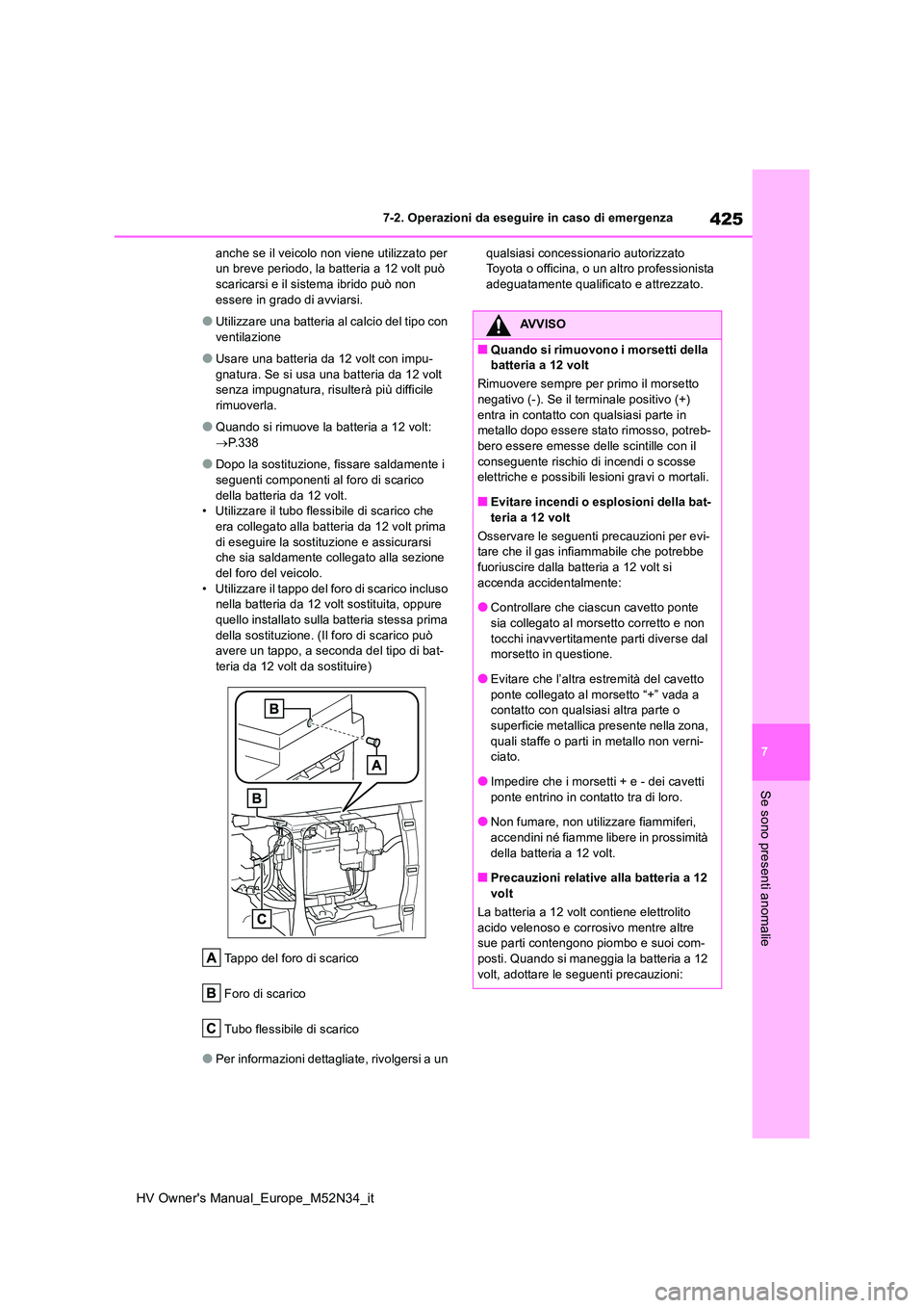 TOYOTA YARIS 2022  Manuale duso (in Italian) 425
7
HV Owner's Manual_Europe_M52N34_it
7-2. Operazioni da eseguire in caso di emergenza
Se sono presenti anomalie
anche se il veicolo non viene utilizzato per  un breve periodo, la batteria a 12