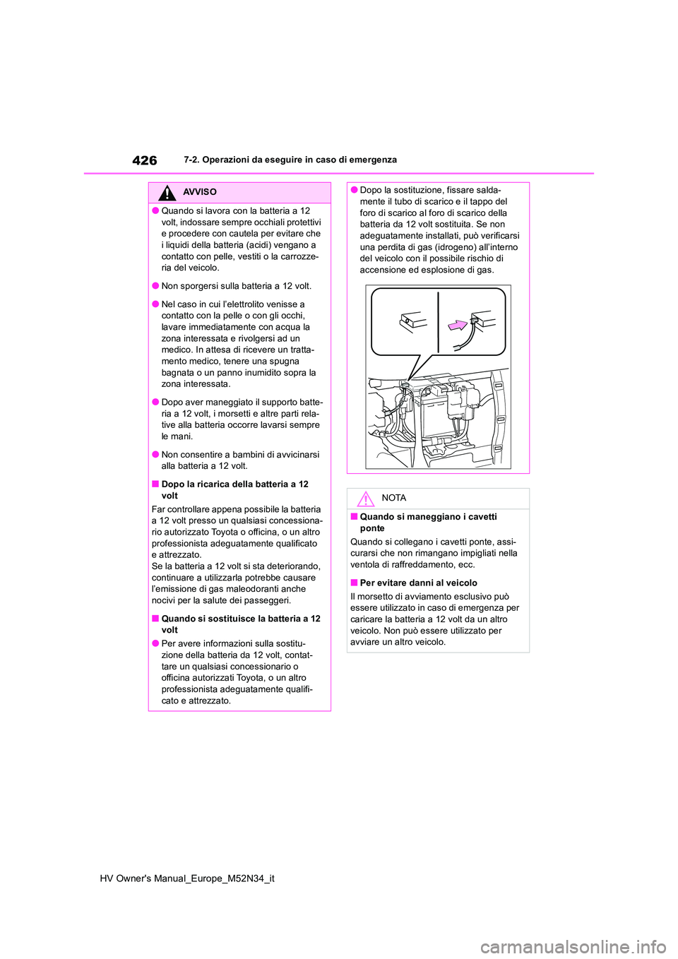 TOYOTA YARIS 2022  Manuale duso (in Italian) 426
HV Owner's Manual_Europe_M52N34_it
7-2. Operazioni da eseguire in caso di emergenza
AVVISO
●Quando si lavora con la batteria a 12  
volt, indossare sempre occhiali protettivi  e procedere co