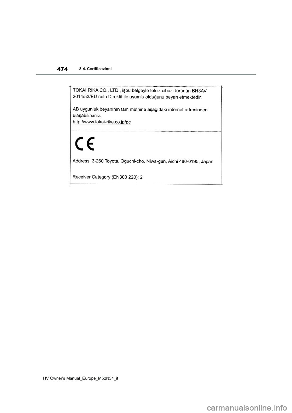 TOYOTA YARIS 2022  Manuale duso (in Italian) 474
HV Owner's Manual_Europe_M52N34_it
8-4. Certificazioni 