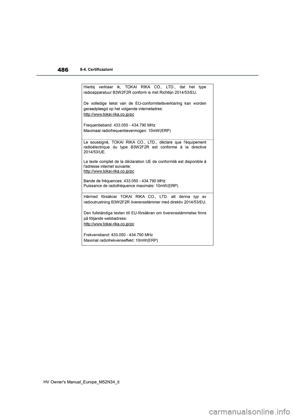 TOYOTA YARIS 2022  Manuale duso (in Italian) 486
HV Owner's Manual_Europe_M52N34_it
8-4. Certificazioni 