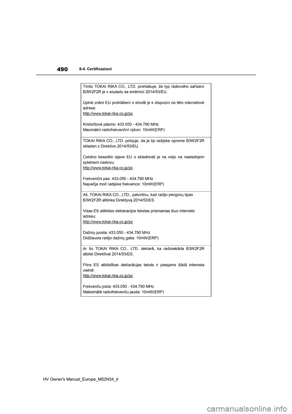 TOYOTA YARIS 2022  Manuale duso (in Italian) 490
HV Owner's Manual_Europe_M52N34_it
8-4. Certificazioni 