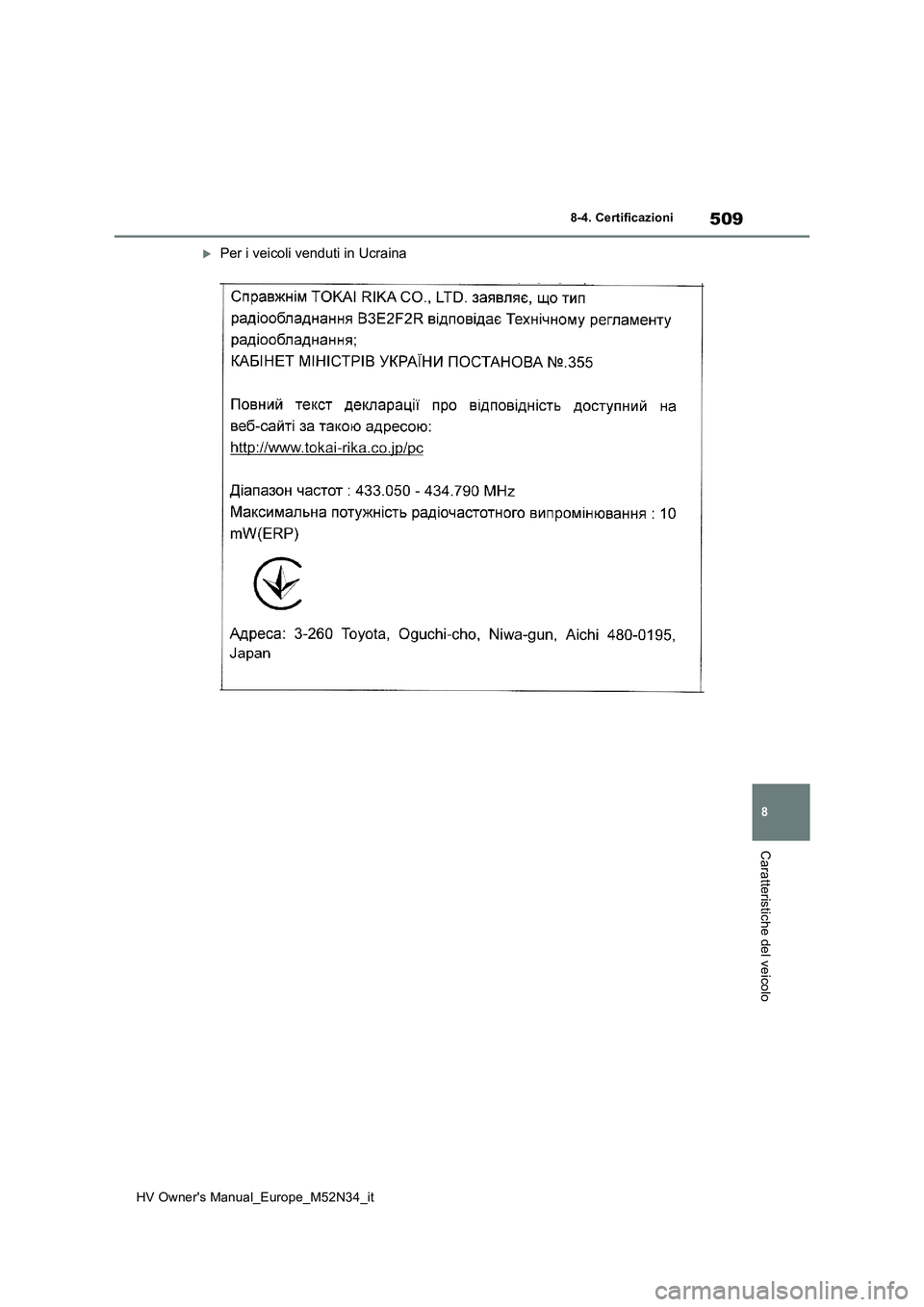 TOYOTA YARIS 2022  Manuale duso (in Italian) 509
8
HV Owner's Manual_Europe_M52N34_it
8-4. Certificazioni
Caratteristiche del veicolo
Per i veicoli venduti in Ucraina 