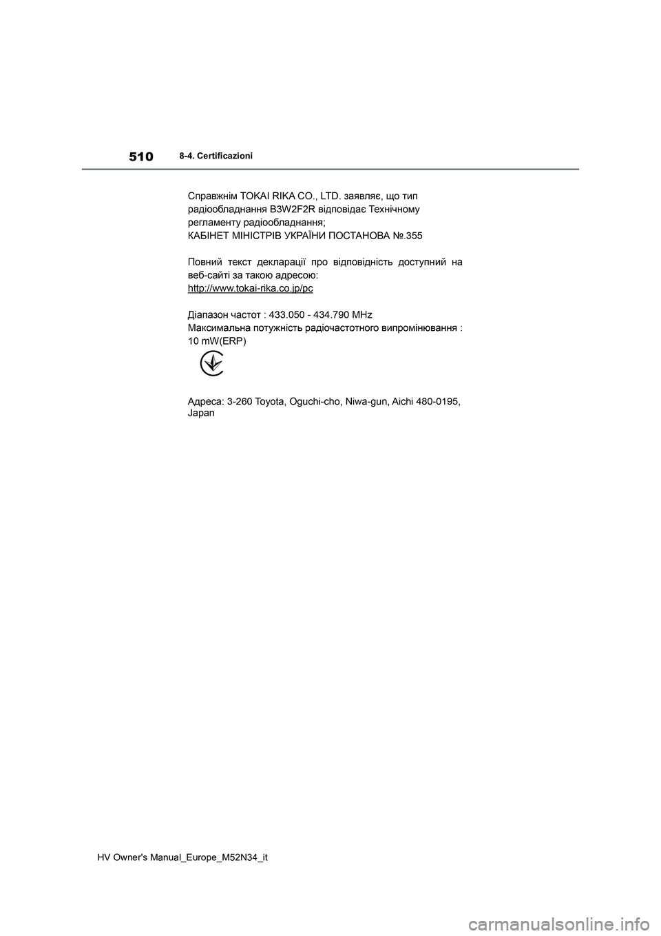 TOYOTA YARIS 2022  Manuale duso (in Italian) 510
HV Owner's Manual_Europe_M52N34_it
8-4. Certificazioni 