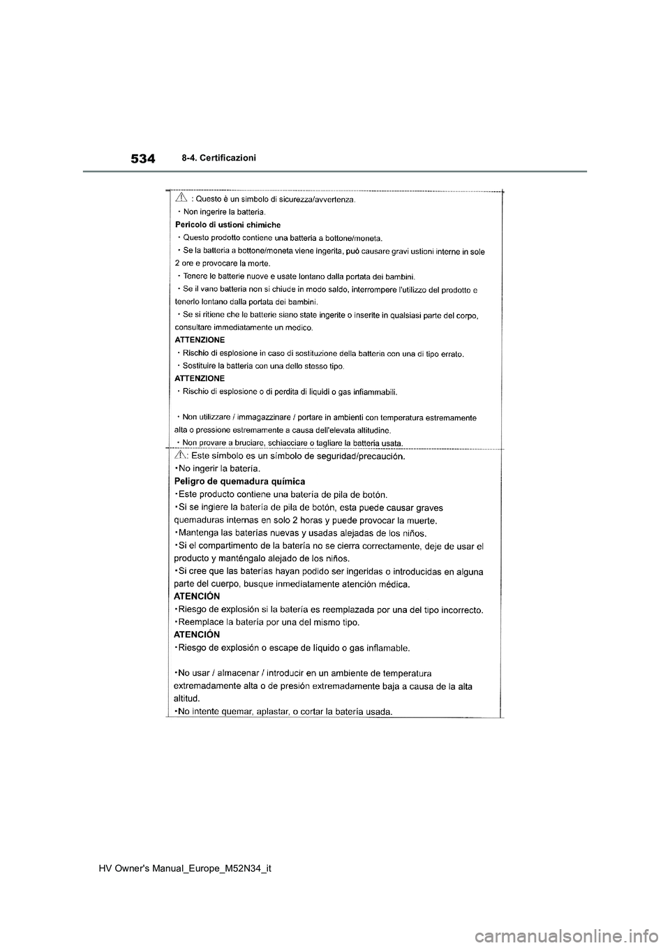 TOYOTA YARIS 2022  Manuale duso (in Italian) 534
HV Owner's Manual_Europe_M52N34_it
8-4. Certificazioni 